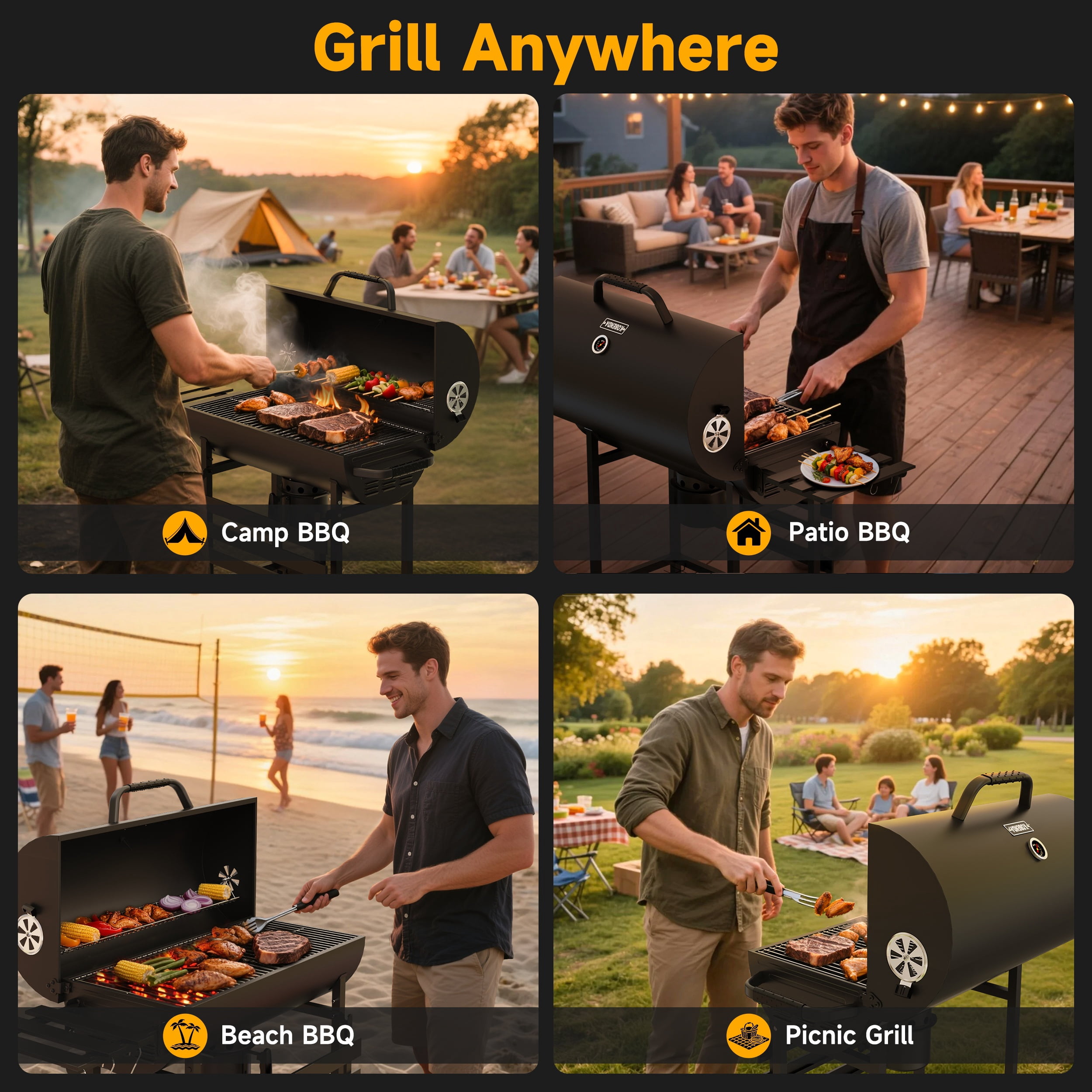 KOBENDA 29" Barrel Charcoal Grill with Foldable Side Table & Removable Ashtray for Backyard, Black