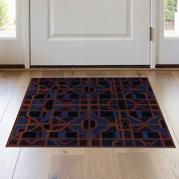 ODIKA 2'x3' Washable Accent Rug Pet Friendly, Bedside Mat 80S Abstract Grid Block Retro Interlocking Squiggle Funky Memphis Refined for Bedroom, Nursery, RV