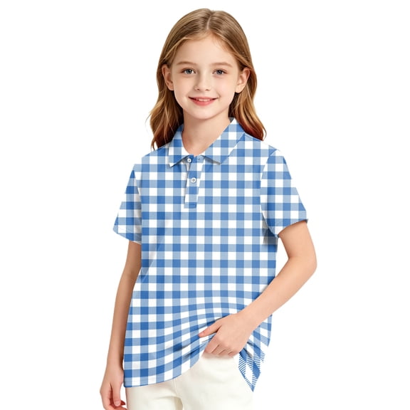 Polo Shirts for Girls Plaid Print Color Block Button Closure Short Sleeve Loose Fit Casual Tops