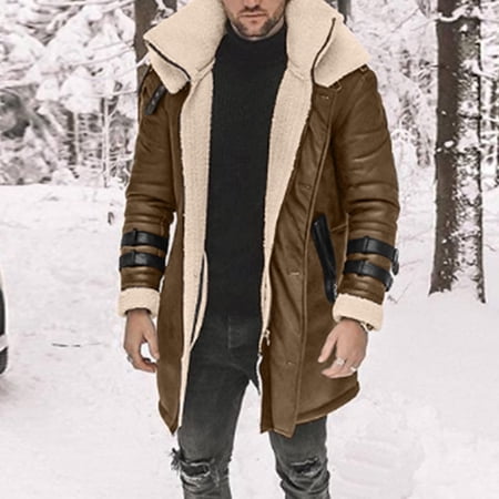 Lilgiuy Men's Work Jacket Coat Winter Warm Fleece Lined Mid-Length Full Zip Jean Coat Outerwear Sports Shell Jackets Brown