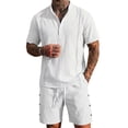 thumbnail image 2 of Yaoyar Mens Summer Outfits 2 Piece Cotton Linen Matching Sets Short Sleeve Henley Shirt and Shorts Vacation Beachwear, 2 of 4