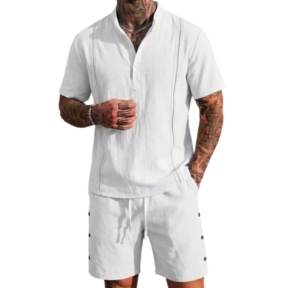 Hinvhai Men's 2 Pieces Linen Set Casual Henley Shirts Short Sleeve Beach Yoga Shorts Summer Pants Outfits White XXL(XXL)