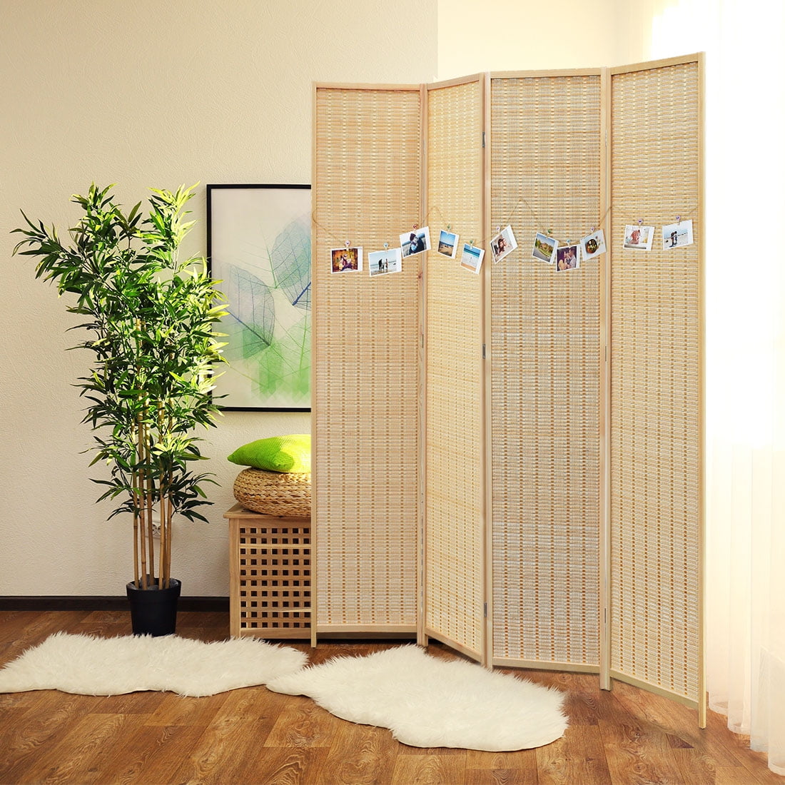 Jostyle Room Divider with Natural Bamboo,4Panel Folding Privacy Screen