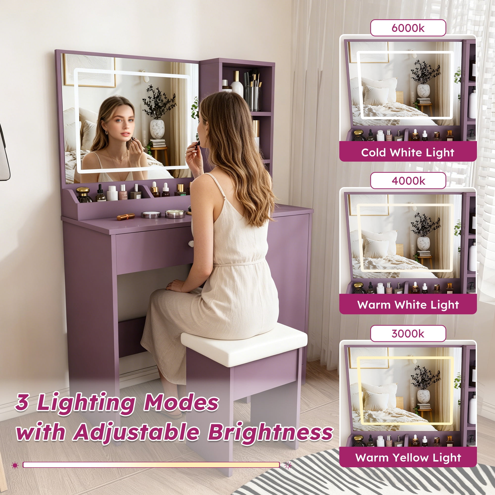 Makeup Vanity Desk Set with Padded Stool & 3-Mode Dimmable LED Mirror, Multi-Storage Modern Bedroom Dressing Table for Bedroom Apartment Dorm