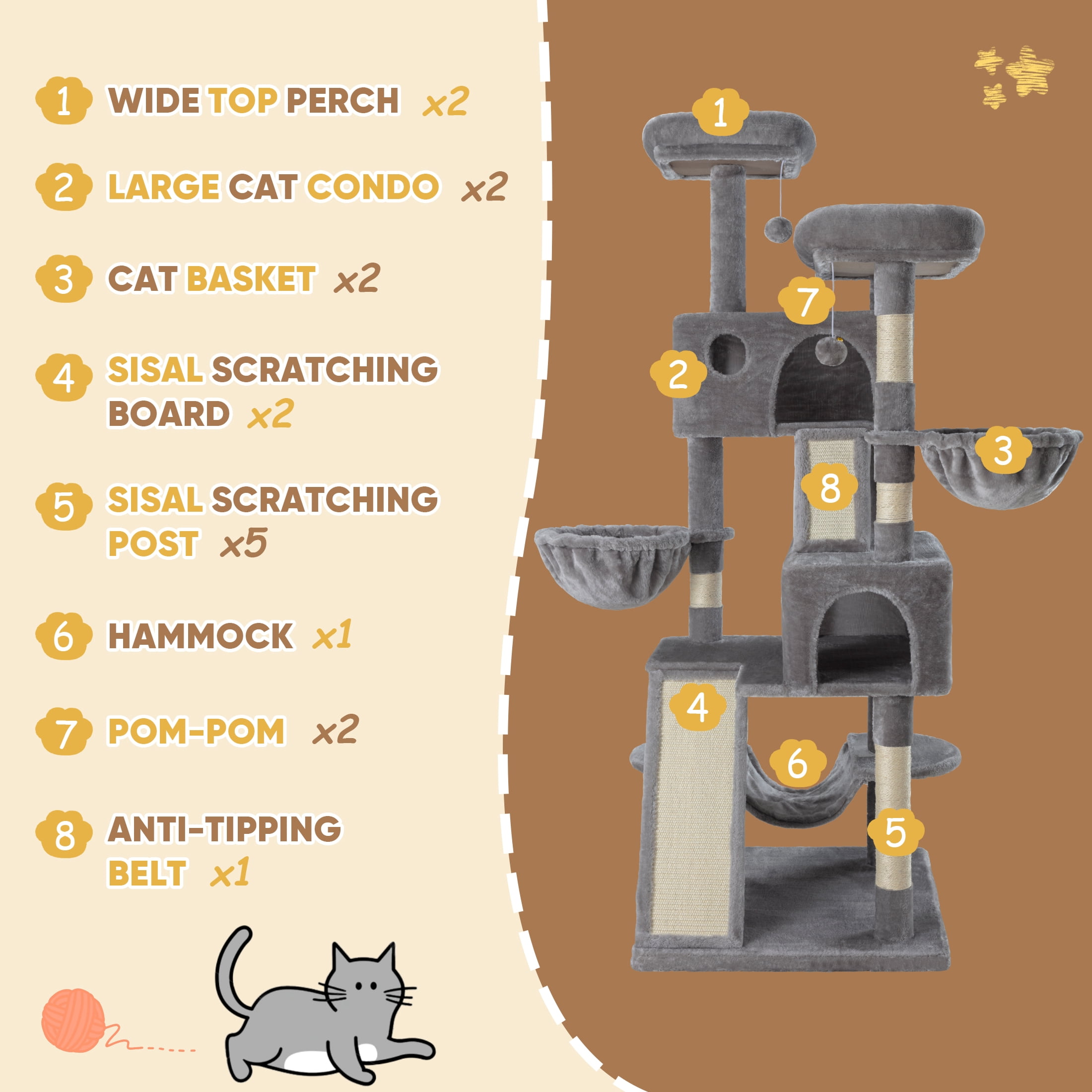 Einfach 65.7" Large Cat Tree and Tower for Cats, Condo House with Hammock, 2 Scratching Boards & 5 Scratching Posts, Gray