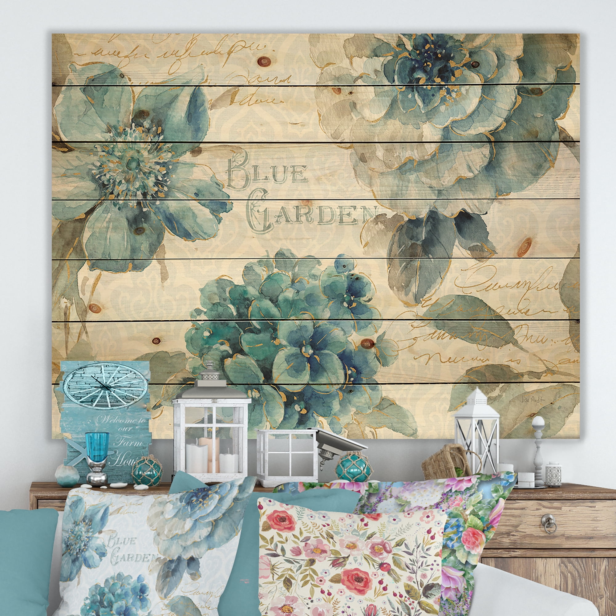 Designart 'Abstract My Greenhouse Cottage Flowers I' Farmhouse Print on Natural Pine Wood