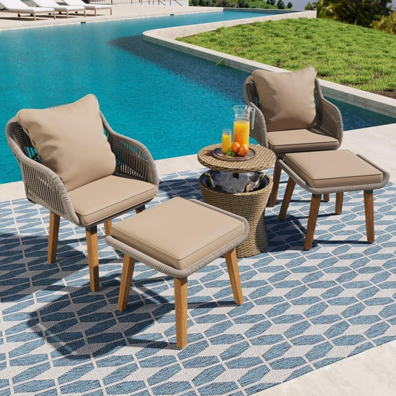 Syngar Patio Wicker Chairs Set, 5 Piece Patio Furniture Set with Wicker Cool Bar Table, Ottoman Footrest and Brown Cushions, Outdoor Sectional Conversation Sofa Set for Porch Balcony Lawn Pool