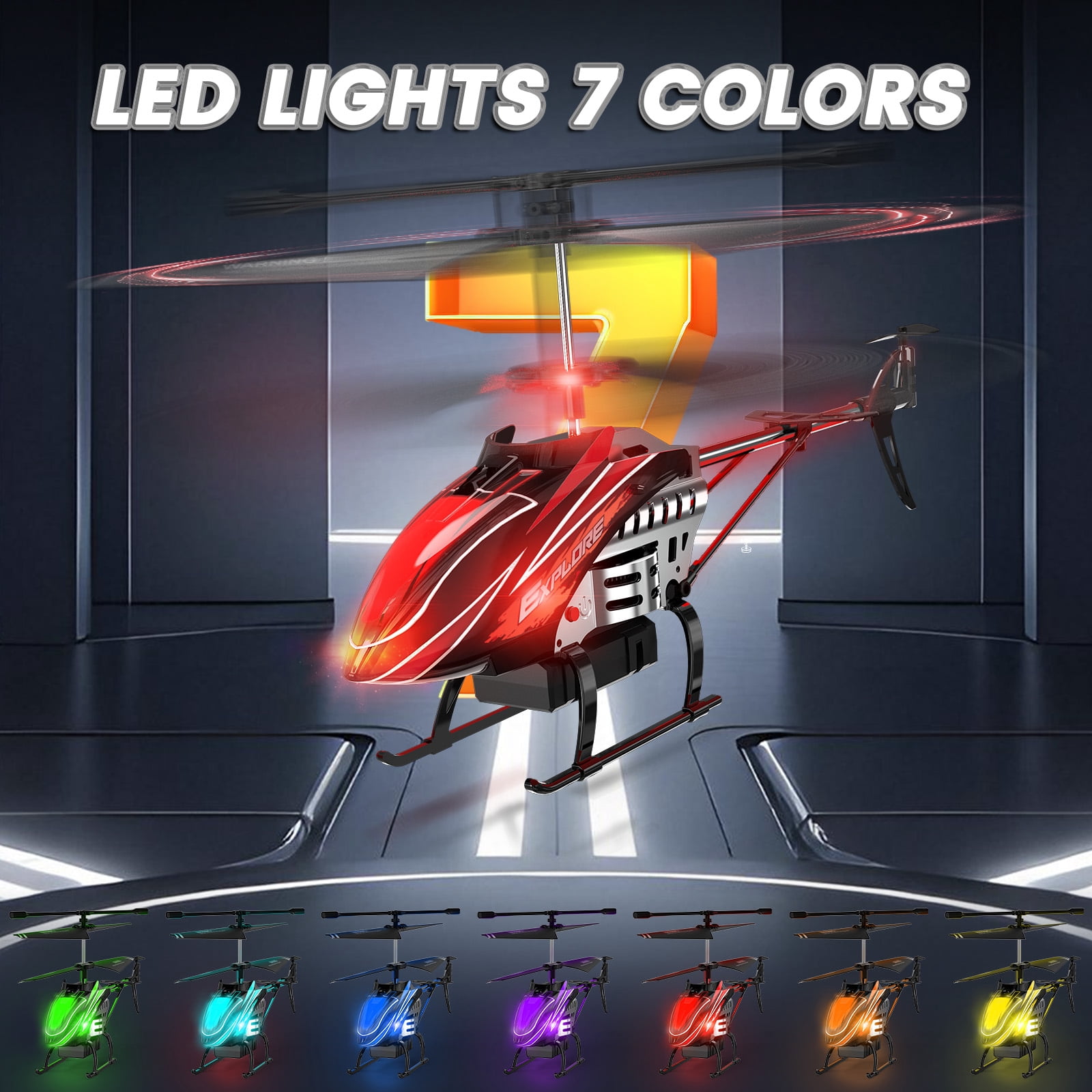 Wefone Remote Control Helicopter for Kids with Altitude Hold, 7 LED Light Modes, 2 Batteries, Red