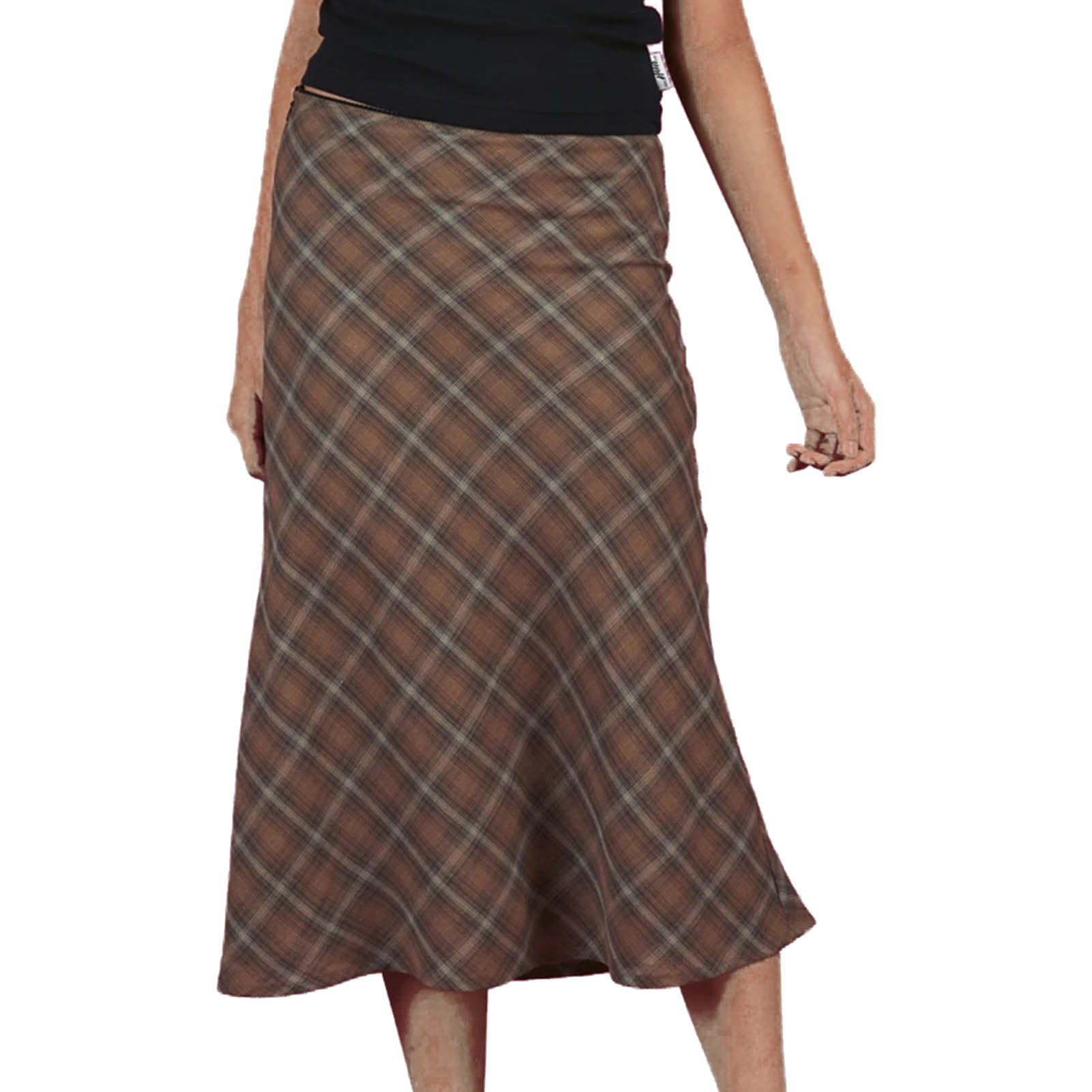Long Plaid Skirt High Elastic Waist Ruffle Hem Colorfast Fashionable Comfortable for Women