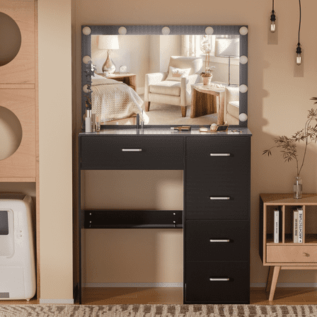 Teousev Black Makeup Vanity with Large Mirror and Lights,  Vanity Table with Storage Drawers