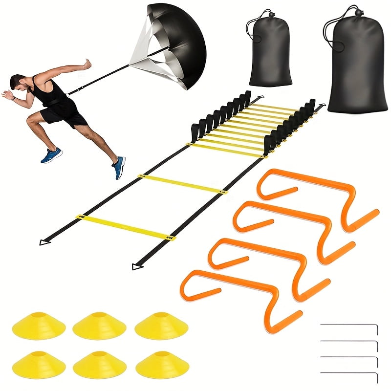 Speed & Agility Ladder Training Equipment Set, Includes 20ft Agility Ladder, 4 Agility Hurdles, 12 Disc Cones, 1 Resistance Parachute For Training Football Soccer Basketball Athletes