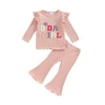 thumbnail image 2 of Aojekbee Little Girls Birthday Outfit Sets Flying Sleeve Letter Embroidery Tops Solid Color Flared Pants Sets, 2 of 10