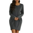 thumbnail image 2 of Elainilye Fashion Womens Dress Long Sleeve Round Neck Solid Bandage Casual Dress Vacation Dress,Gray, 2 of 9