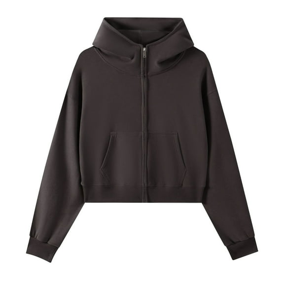 EDFBUYKRS Female Long Sleeve Hoodie Winter Heavyweight Cropped Zip up Hooded Sweatshirt High Neck Pullover Casual Streetwear Top for Women S