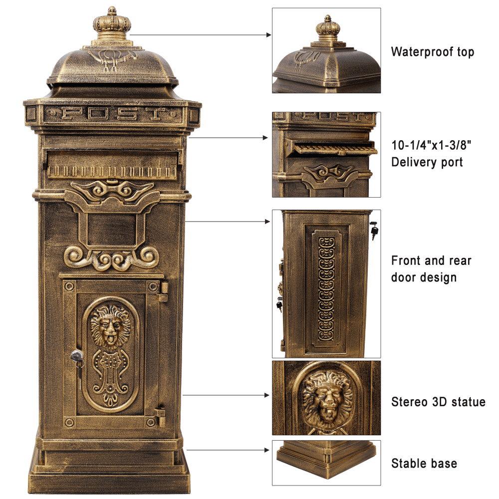 Tcbosik Outside Mailbox with Lock, Floor Standing Postbox, Aluminum Letter Box for Home Use, Copper