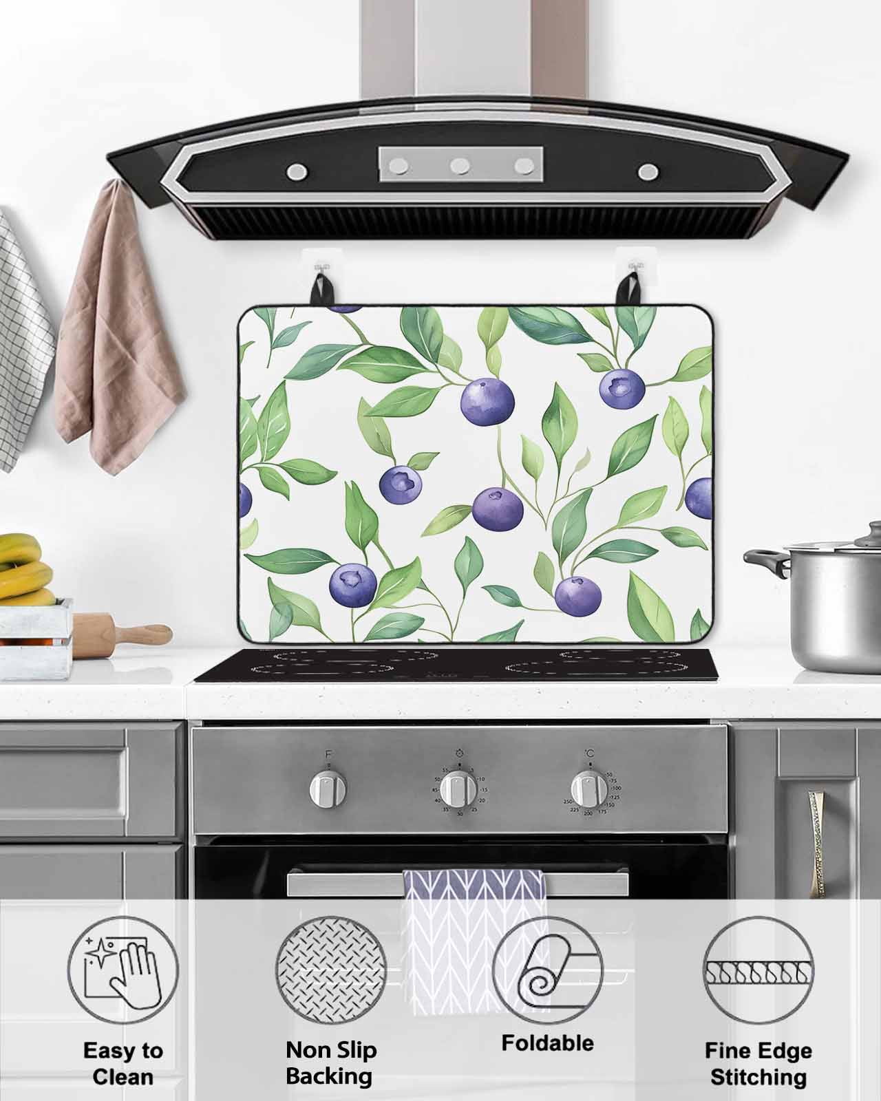 nqOlkjepod Large Induction Cooktop Protector Mat 24"x21", Summer Fruit Stove Top Covers for Electric Stove, Blue Berry Vintage Leaf Watercolor Green Stove Burner Cover Mats, Glass Top Stove Cover