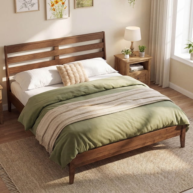 Costway Queen Size Wood Bed Frame with Slat Headboard Under-Bed Storage Space Caramel Brown