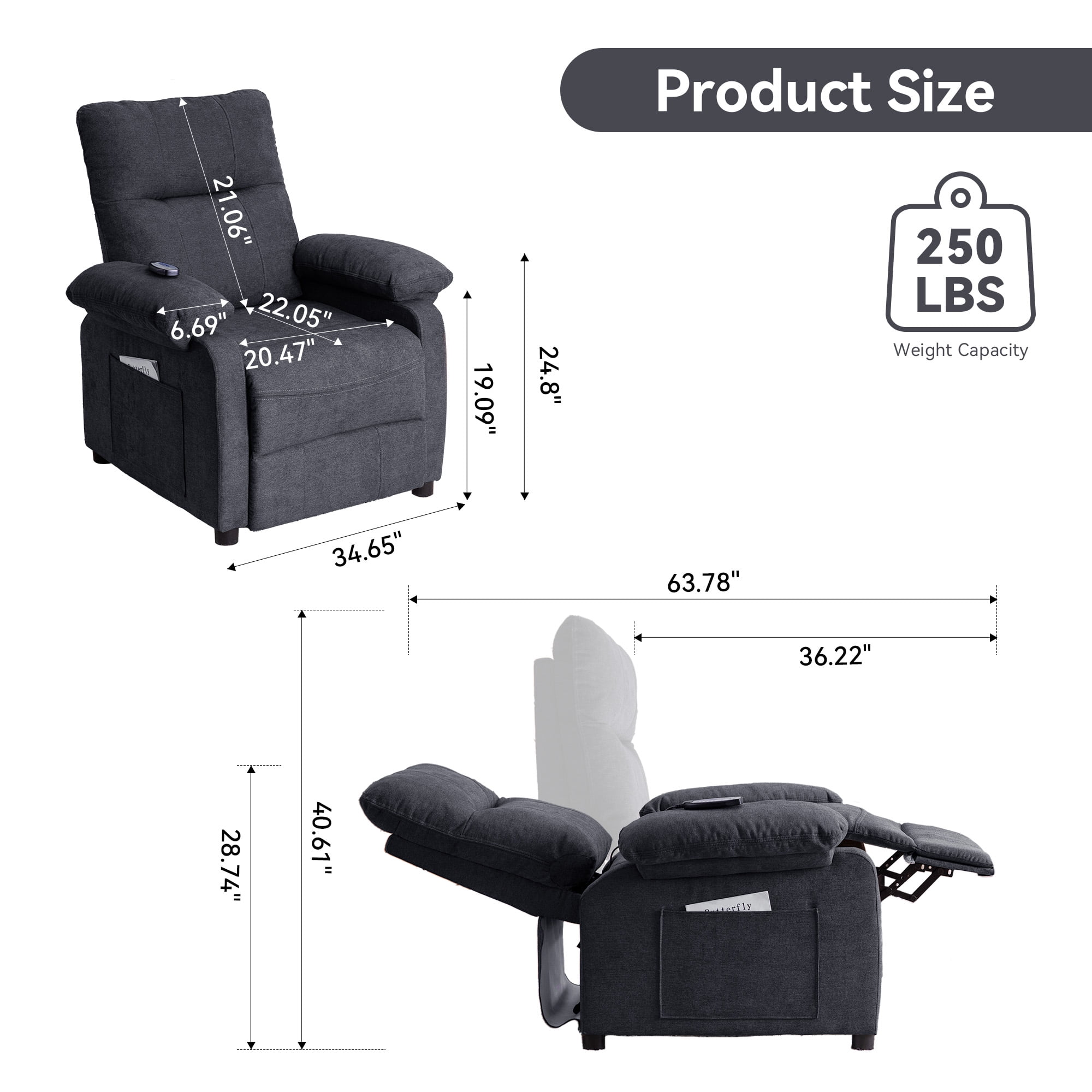 NEW 160°Recliner Chair for Elderly -Manual Push Back Reclining Chair with 8-Point Massage & Heating, Remote Control, Side Storage Pockets for Living Room, Bedroom, Black
