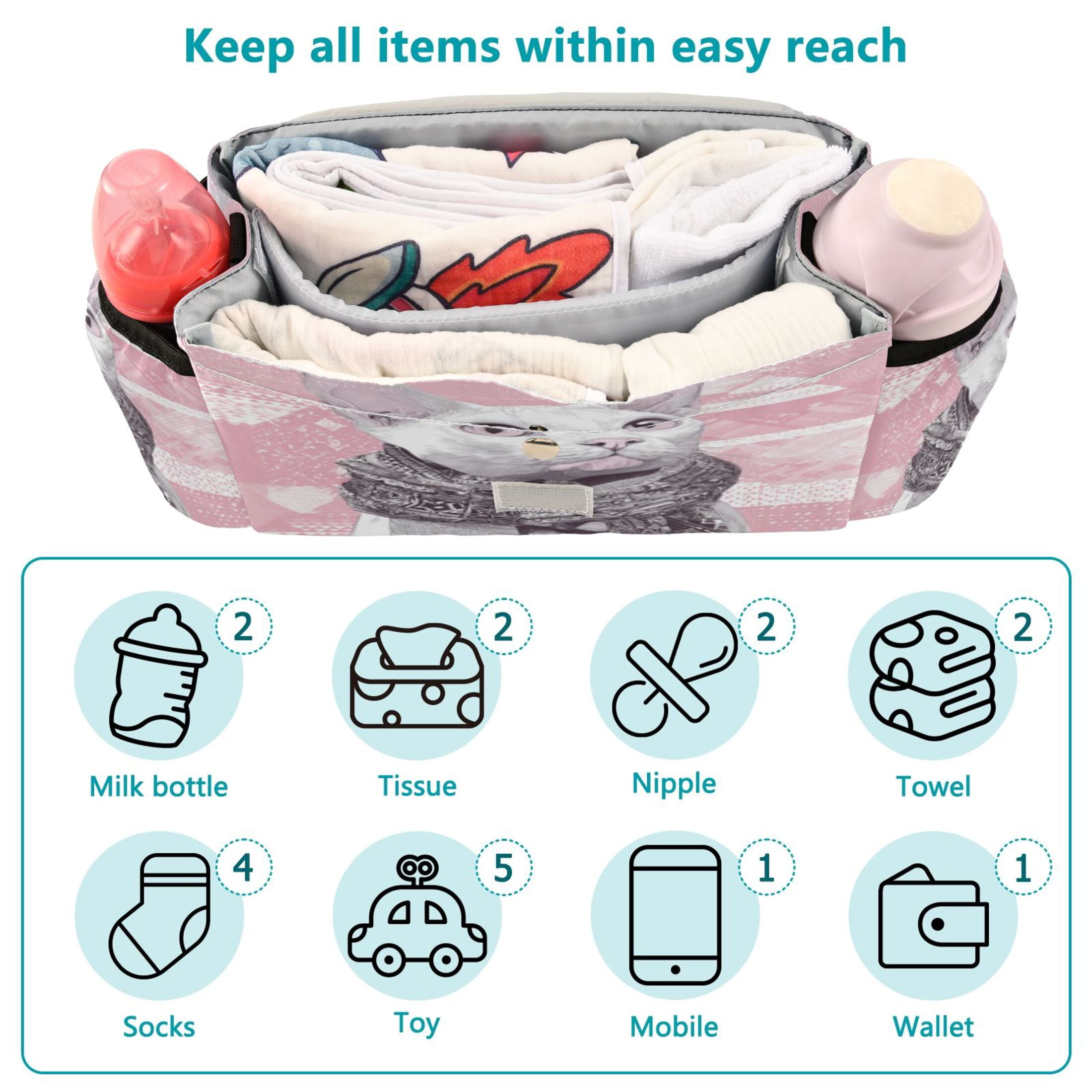 DIXRUYEE Stroller Organizer Scarfed White Cat Printed