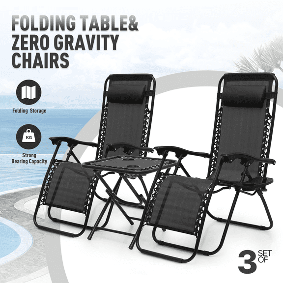 OSM Set of 3 Adjustable Zero Gravity Folding Chairs, Outdoor Reclining Camping and Patio Lounge Chairs with Breathable Mesh, Pillow, Side Table & Cup Holder Tray, 330lbs Capacity - Black