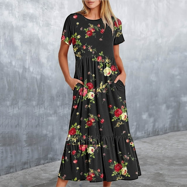 Fankiway Robe Longue à Fleurs Imprimée à Manches Courtes et Col Rond pour Femmes Courbes Robes de Printemps pour Femmes 2720
