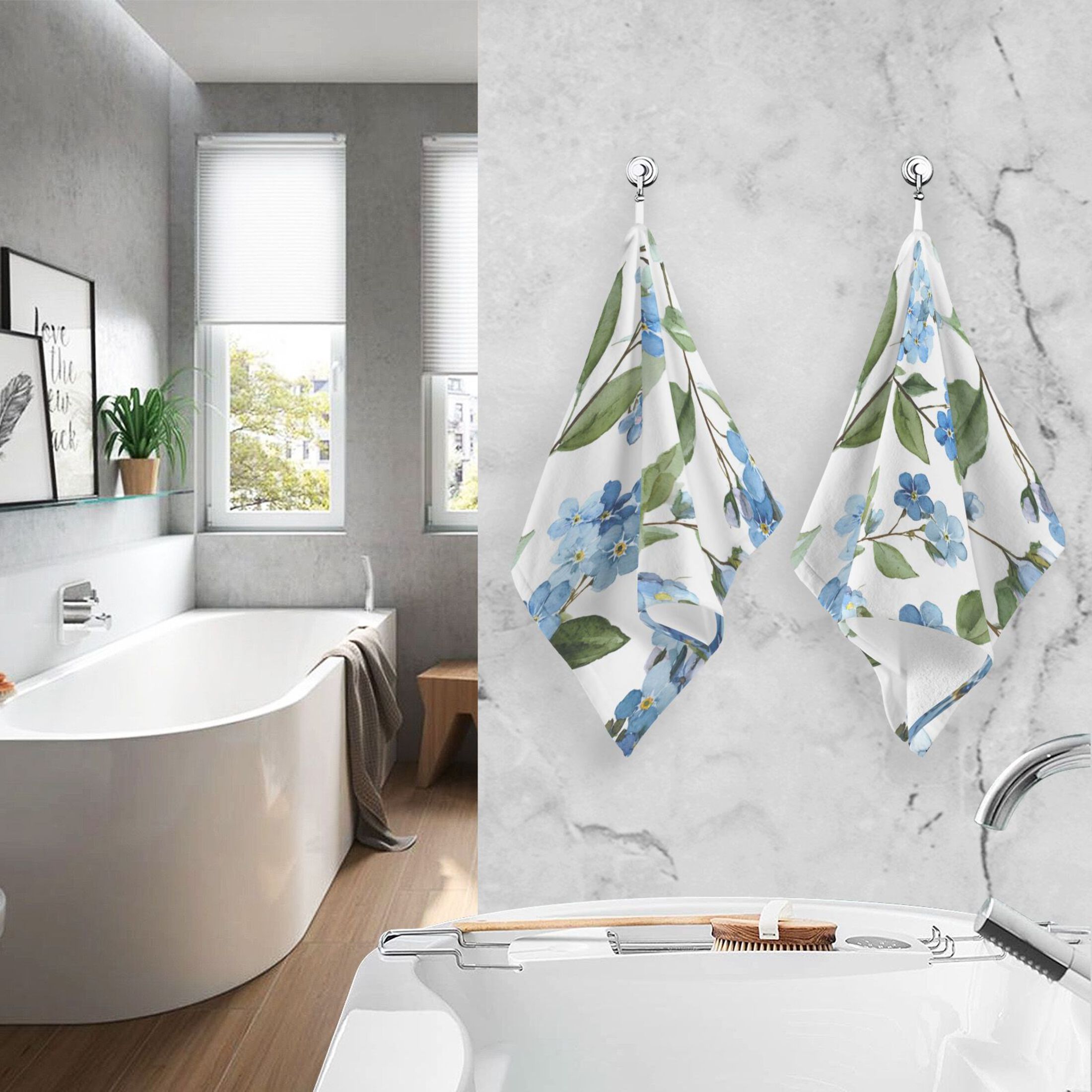 2 Pieces of Cotton Towel Face Towel Set Hand Towel Bath Towel Cotton Bath Towel Sets Beautiful Blue Flowers Cute