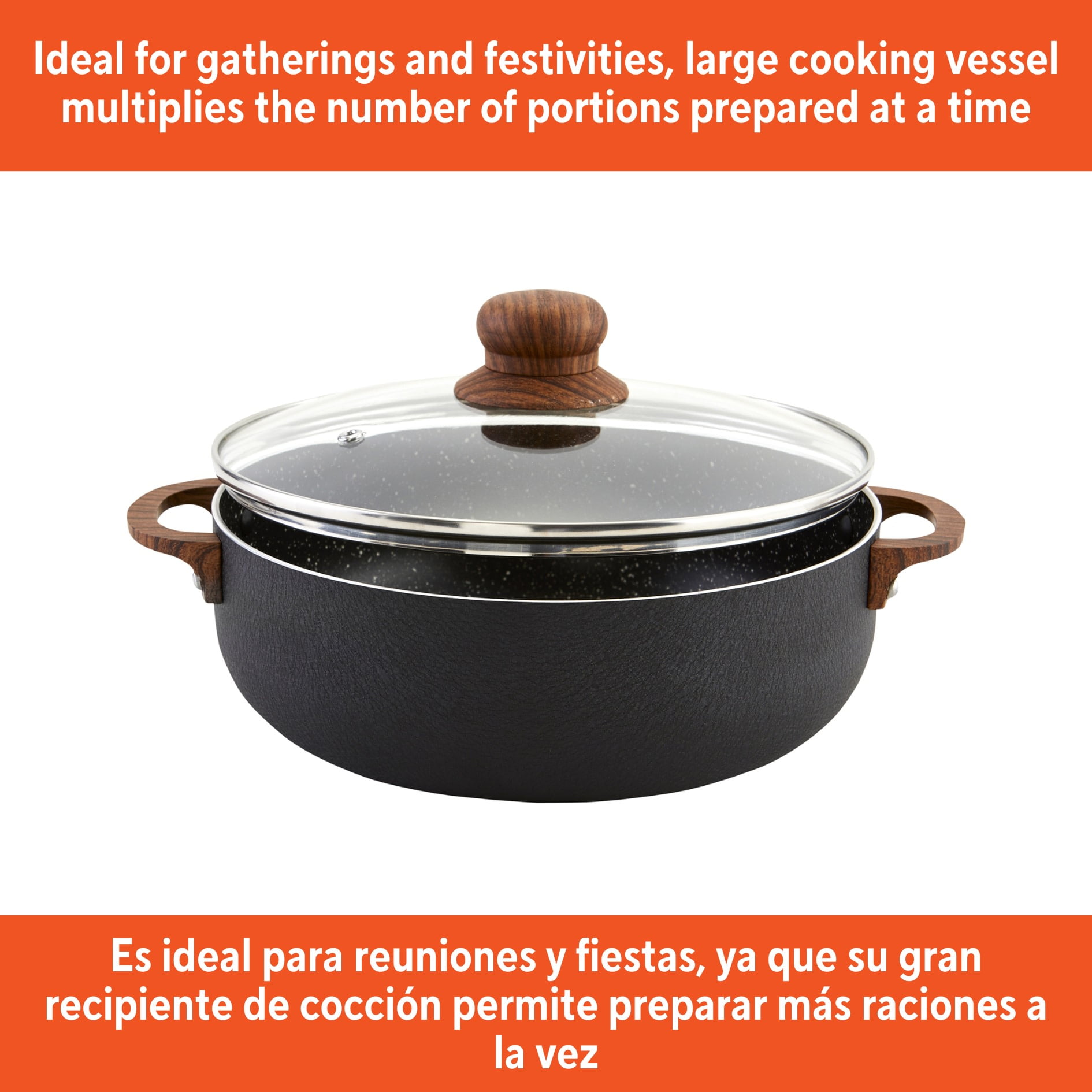 IMUSA 13.5qt Black Stone Aluminum Speckled Nonstick Caldero with Glass Lid & Wood Look Handles, Black