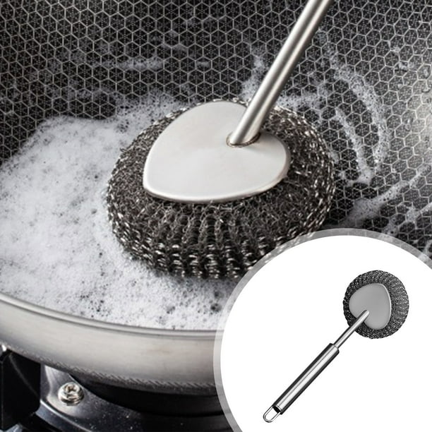 Esponja limpiadora de ollas de acero inoxidable, cepillo de cocina de acero inoxidable, cepillo de bola de acero resistente para ollas, mango antideslizante, apto para lavavajillas, para