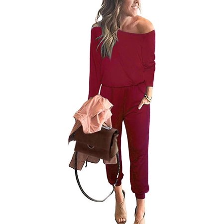 

yoyojojo Women s Casual Long Sleeve Jumpsuit Crewneck One Off Shoulder Elastic Waist Stretchy Romper