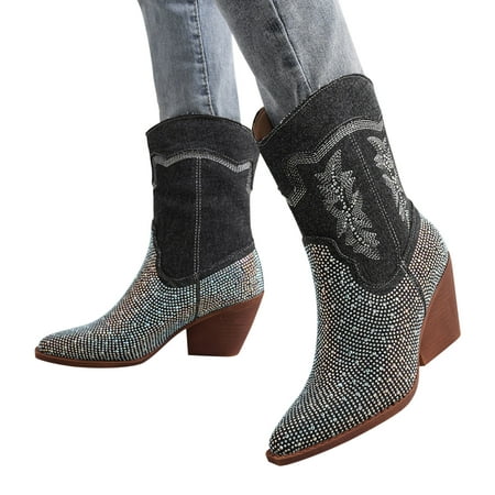 

Shldybc Mid High Cowboy Boots for Women Fall/Winter Rhinestone Pointed Mid Length Thick Heeled Boots Blue Denim Women s Boots Women s Wedges Mid Calf Boots on Clearance