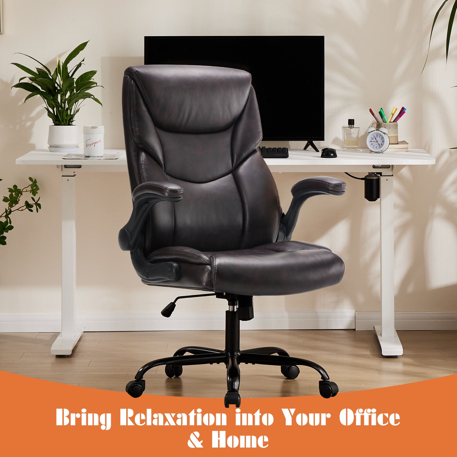 Yoyomax Office Chair, Ergonomic Executive Computer Desk Chairs with Adjustable Flip-up Armrest, Swivel Task Chair with Lumbar Support, Strong Metal Base, PU Leather