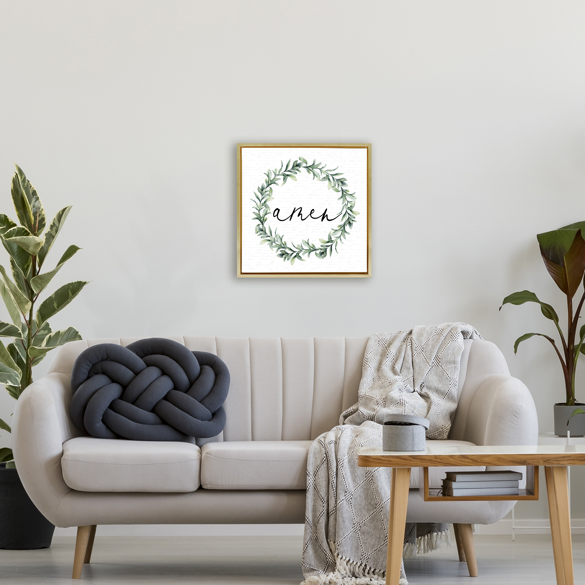 Amen Botanical Wreath & Script Gold Framed Floater Canvas Wall Art, design by Lettered and Lined