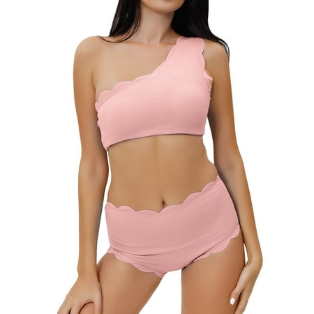 2 Piece Bikinis V-Neck for Women One Shoulder Bikini Set Scalloped Trim Swismuit High Waisted Two Bathing Suit Beach Vacation Clothes Pink