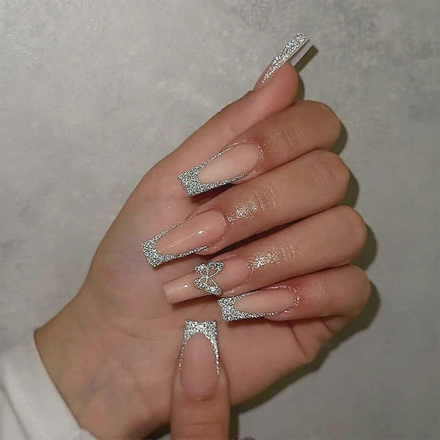 Elegant Press on Nail with 3D Butterfly Long Square False Nail French Tips Glitters Nail Art for Girls and Women 24Pcs