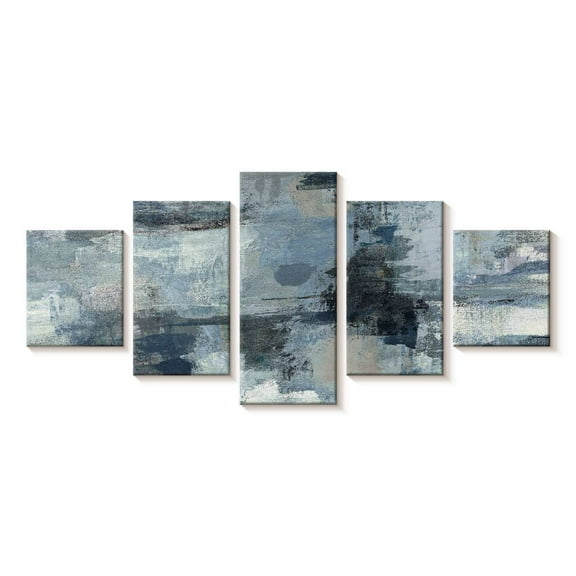 Elephant Stock In The Clouds Indigo And Gray Crop Wall Art - Horizontal Multi Panel Canvas - Living Room Wall Decor - Abstract Multi Panel - Blue And Gray Decor By Silvia Vassileva - 29" x 12"