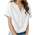 thumbnail image 3 of Sevevn Women's Linen Cotton Short Sleeve Henley Shirt Casual V-Neck Button Front Summer Blouse White XL, 3 of 9