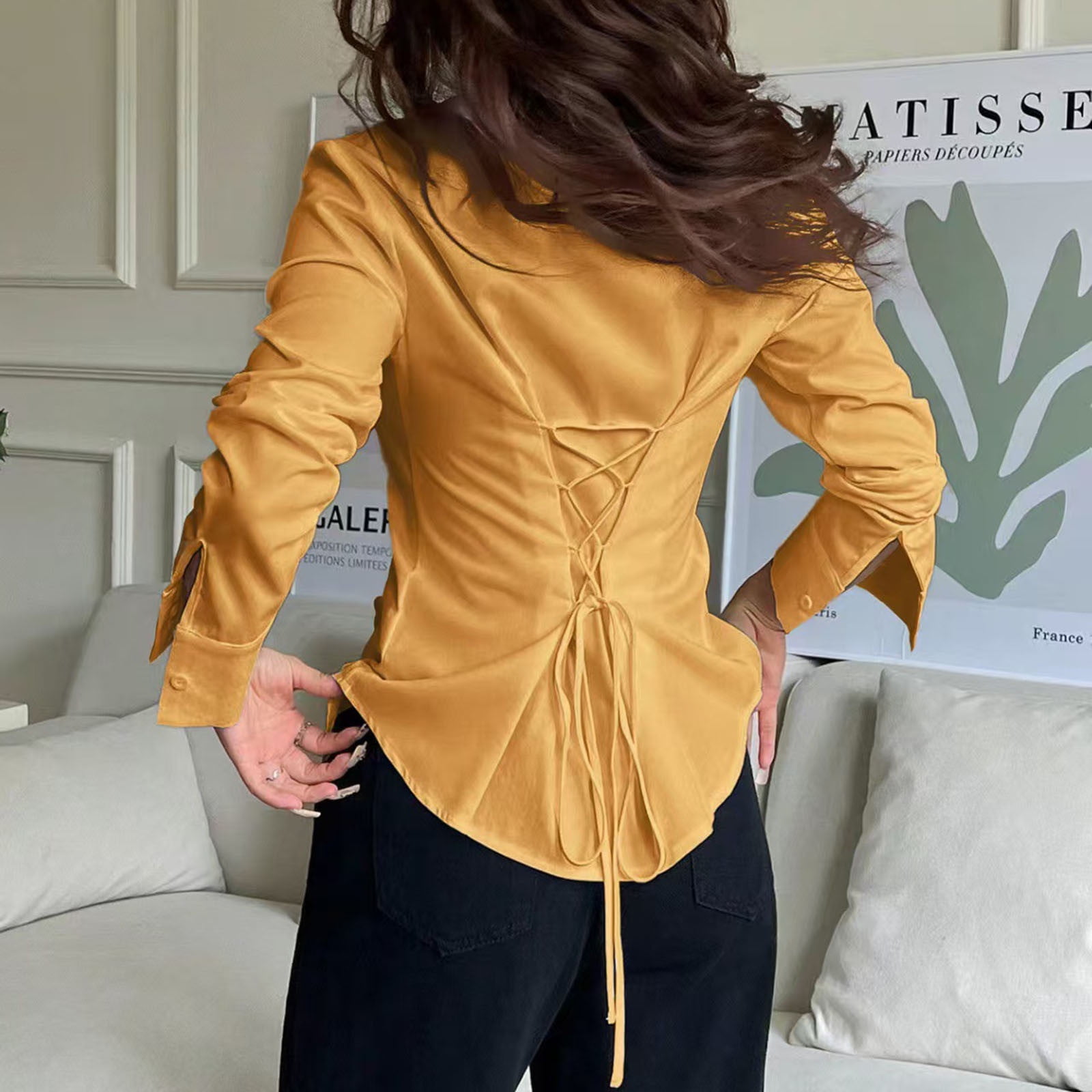 Long Sleeve Shirts for Women, Women's Long Bell Sleeve Button Down Shirt Lace Up Back Princess Line Lapel Top