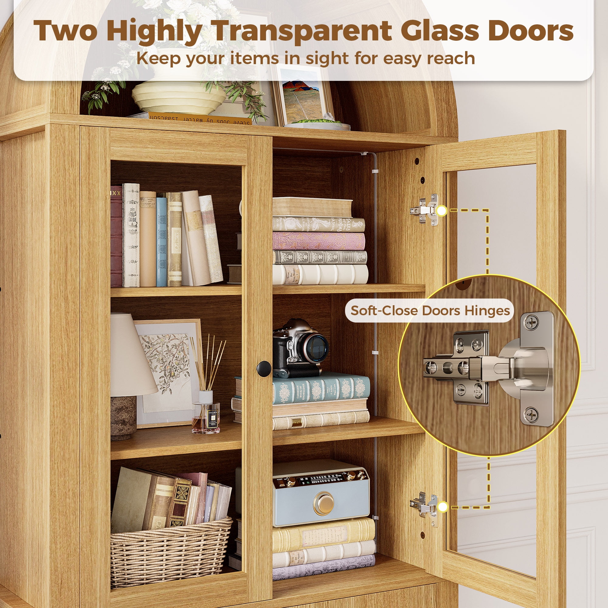 IRONCK 74.8" Tall Arched Pantry Cabinet, Kitchen Storage Cabinet with Rattan Doors & Glass Doors & RGB Lights & 6 Shelves
