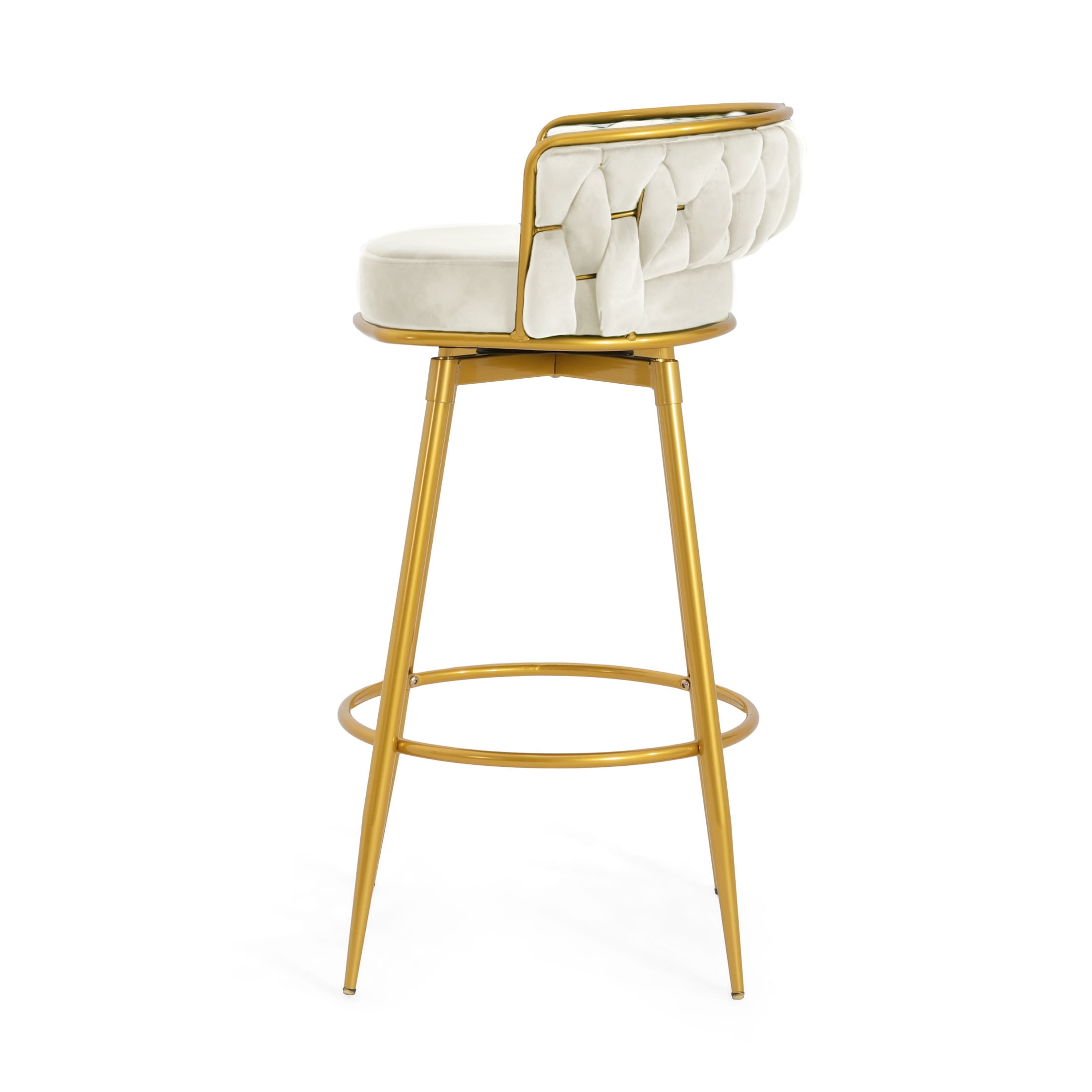 Nyxara 31.5" Seat Height Modern Upholstered Swivel Counter Stools, Powder Coated, Iron, Beige + Gold, Set of 2