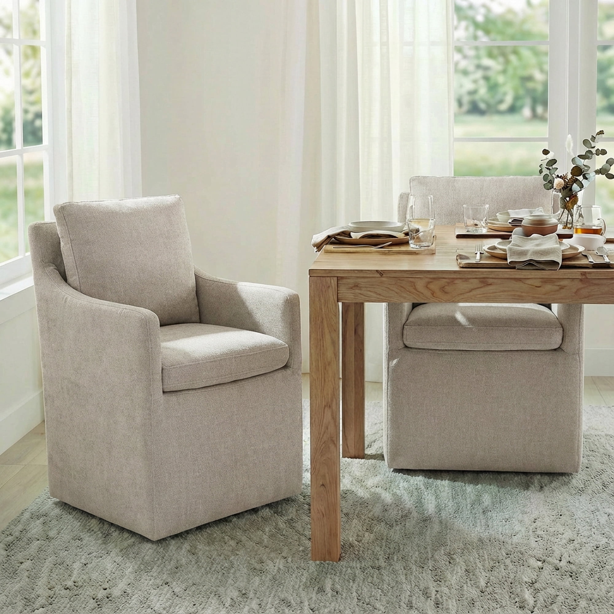Spruce & Spring Modern Upholstered Dining Chair with Hidden Casters, for Kitchen & Dining Room, No Assembly, Single, Khaki Fabric