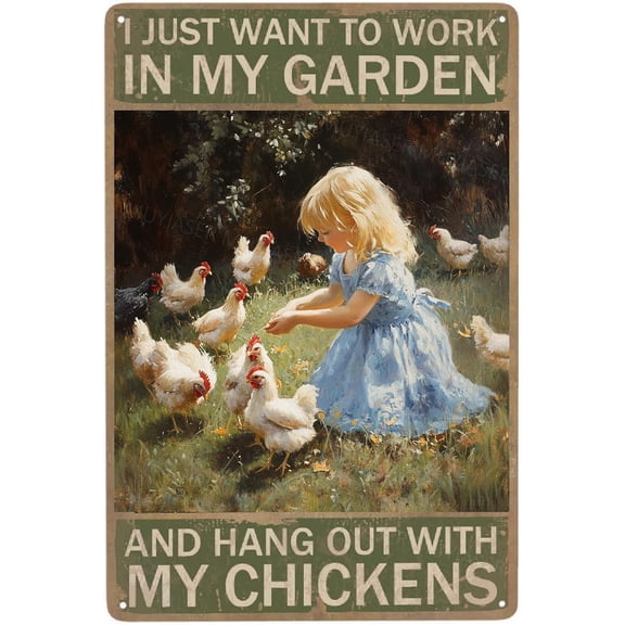 Vintage Metal Tin Garden Sign Hang Out With Chickens Retro Wall Decor for Home Kitchen or Patio 8x12 Inch