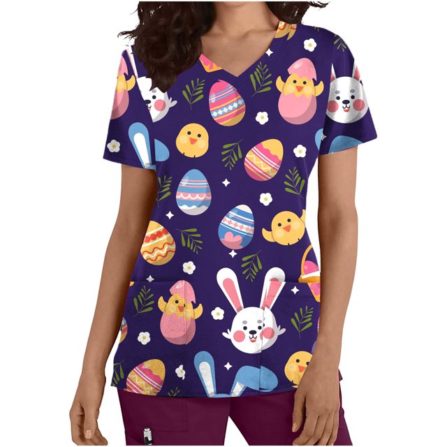 LSLJS Blouse de Travail à Manches Courtes Col en V Imprimé Œuf de Pâques avec Poches
