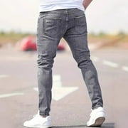 Isvgxsz New Trousers for Men Fashion Comfort Waist Skinny Pants Men Solid Lightweight Long Pants Pocket Button Ripped Hole High Waist Plus Size Jeans Gray M