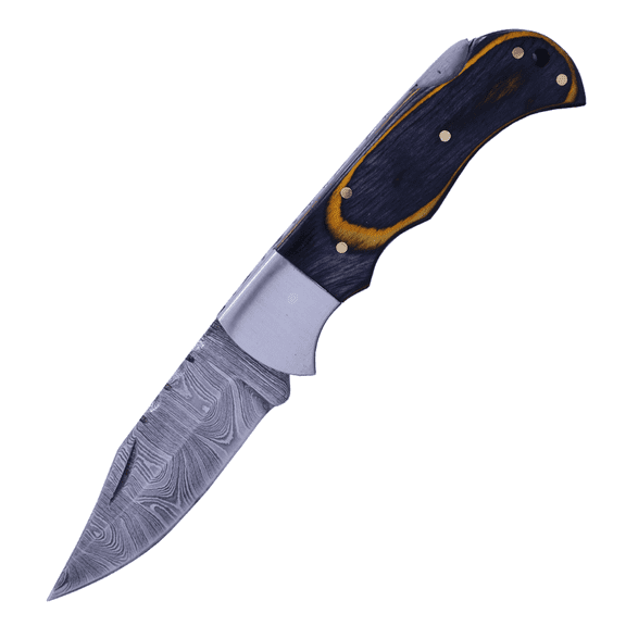 TheBoneEdge 6.5"" Damascus Blade Folding Knife Black & Yellow Wood Handle With Pouch