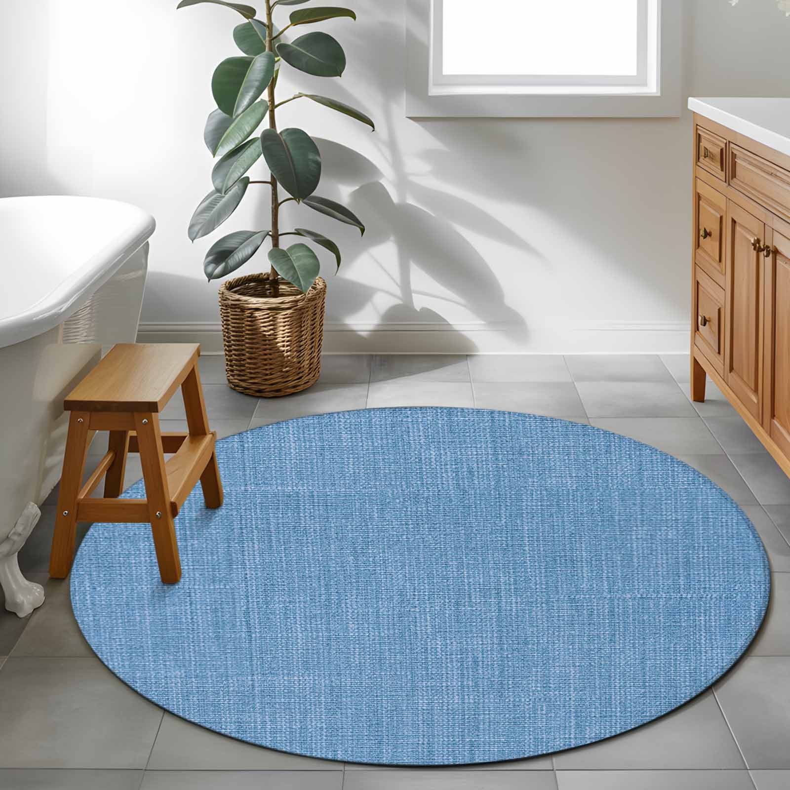 Blue 4ft Round Rug, Farmhouse Burlap Solid Blue Color Modern Linen Texture Non-Skid Rubber Backing Large Area Rugs - Living Room Bedroom Home Office, Indoor Floor Mat Carpets Washable Rug