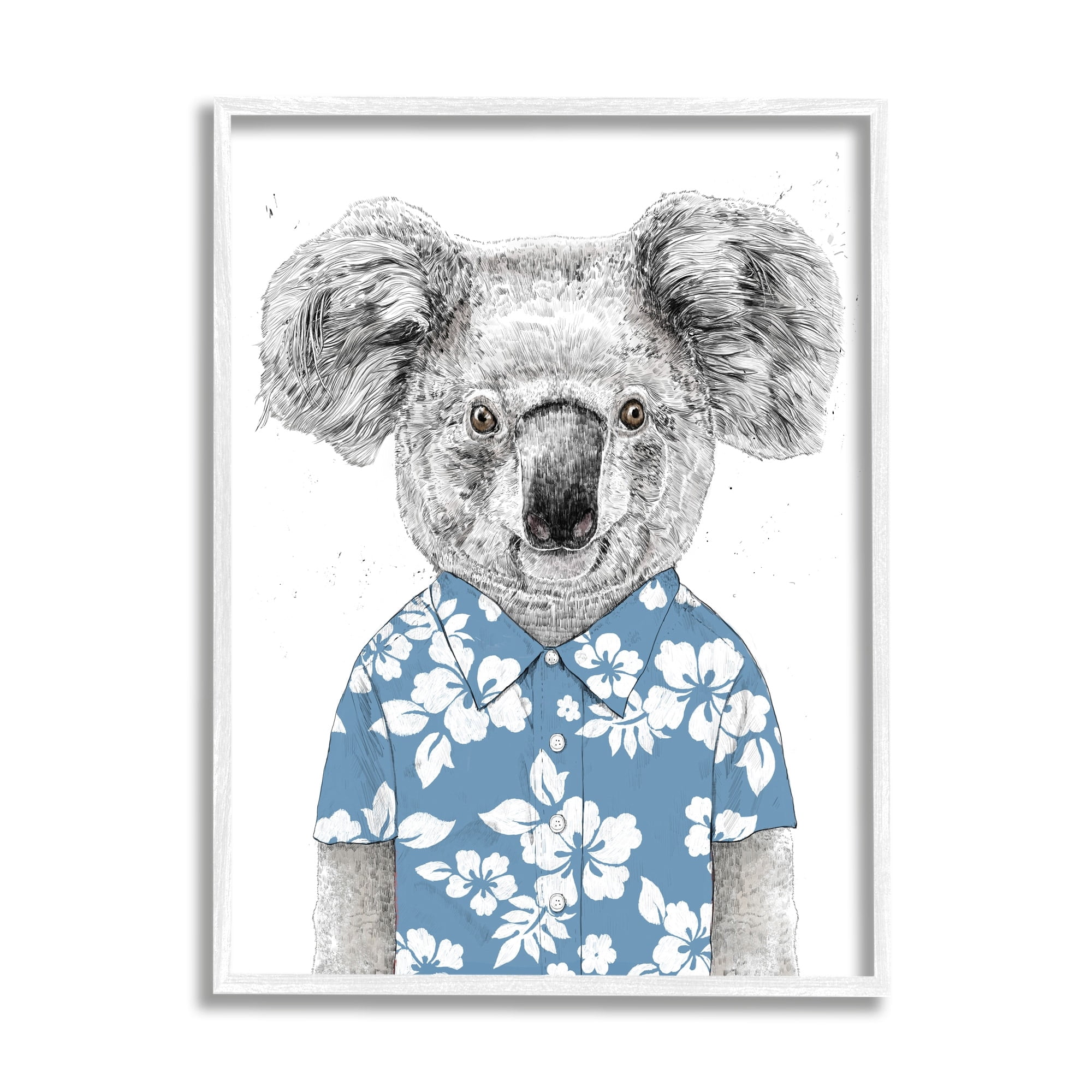 Stupell Industries Monochrome Koala Blue Aloha Shirt Hibiscus Botanicals Framed Wall Art, 24 x 30, Design by Balazs Solti