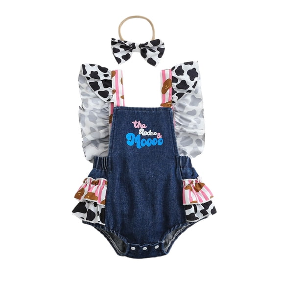 VNKIDY Girls Jumpsuit Outfit Baby Denim Cow Print Romper Set Ruffle Sleeve With Bow Headband For Casual Daily Wear Trendy Set