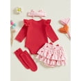 thumbnail image 6 of Newborn Baby Girl Valentines Day Outfit Long Sleeve Ruffle Romper+Heart Layered Shorts+ Bow Headband+ Socks 4Pcs Spring Clothes, 6 of 8