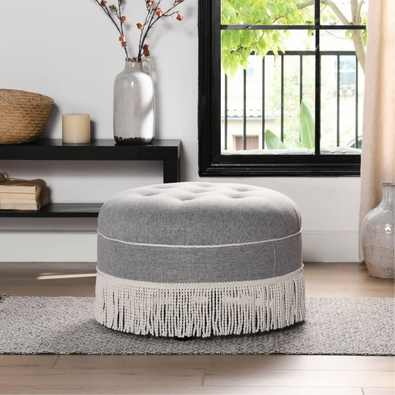 24" Round Upholstered Ottoman with Tassel / Add a Touch of Luxury
