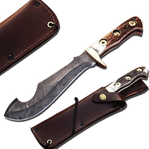 Custom Made Damascus Steel Gut Hook Hunting Knife W/ Stag Handle